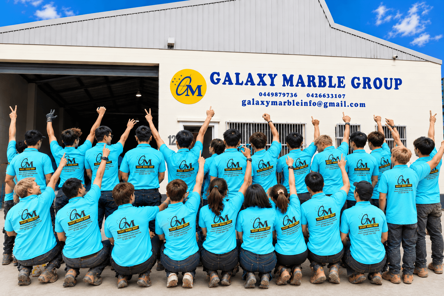 The Galaxy Marble Group fabrication team on the workshop floor