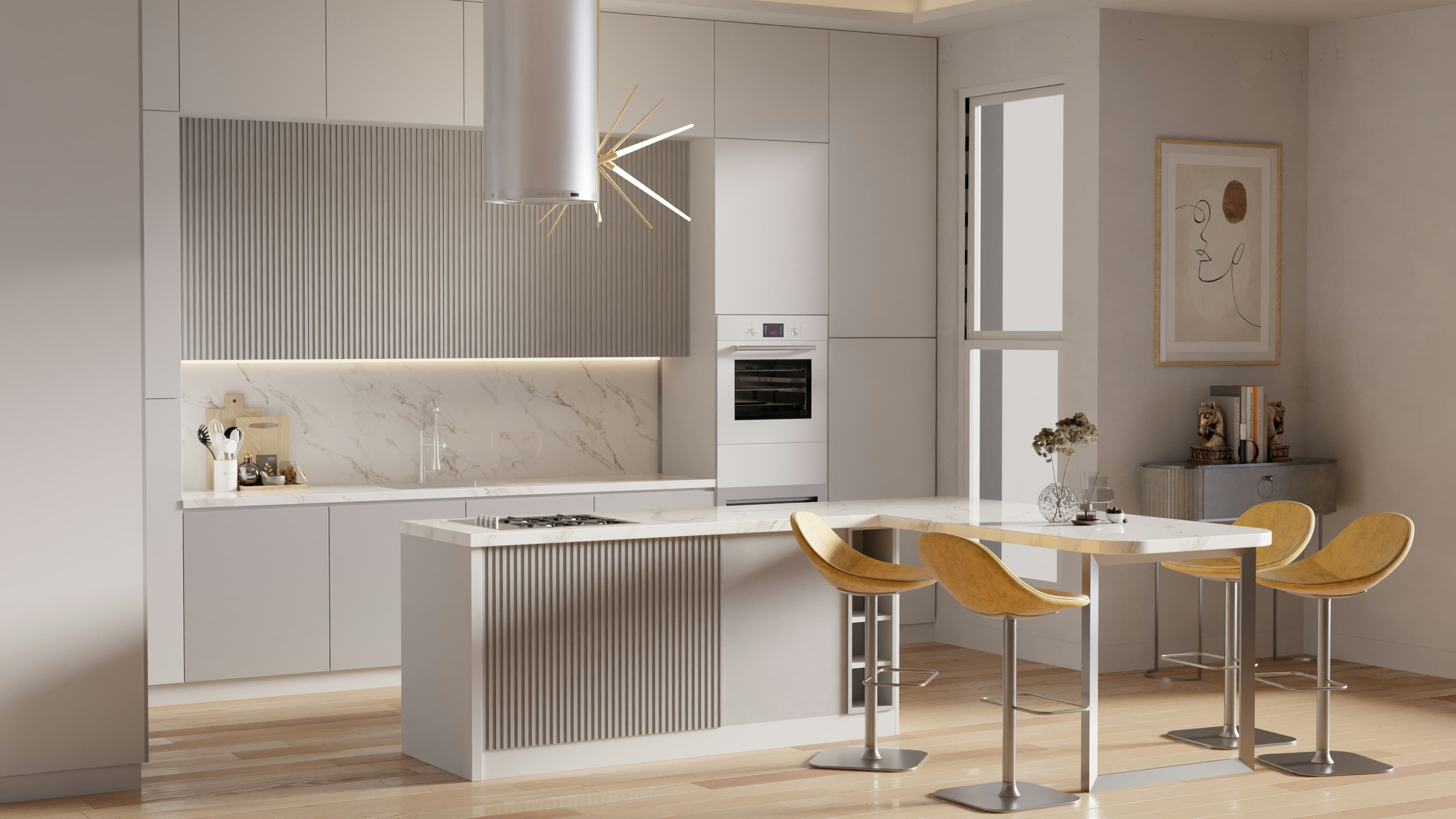 Modern kitchen with a stone island and bar stools